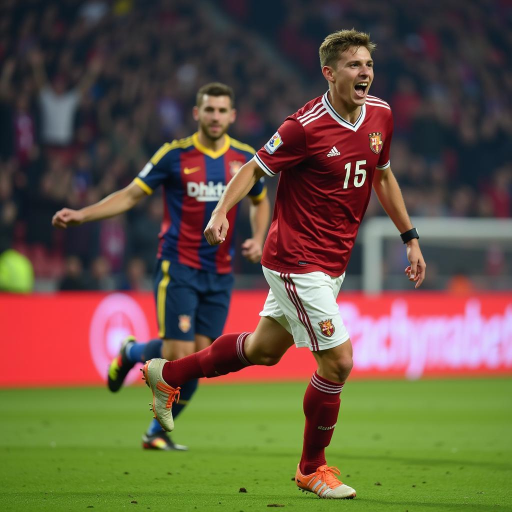 Young Football Player Celebrating Scoring a Goal