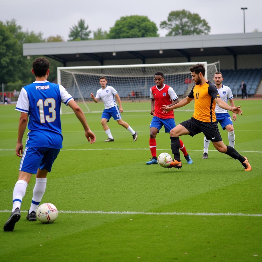 Free kick being taken in a 9-a-side football game