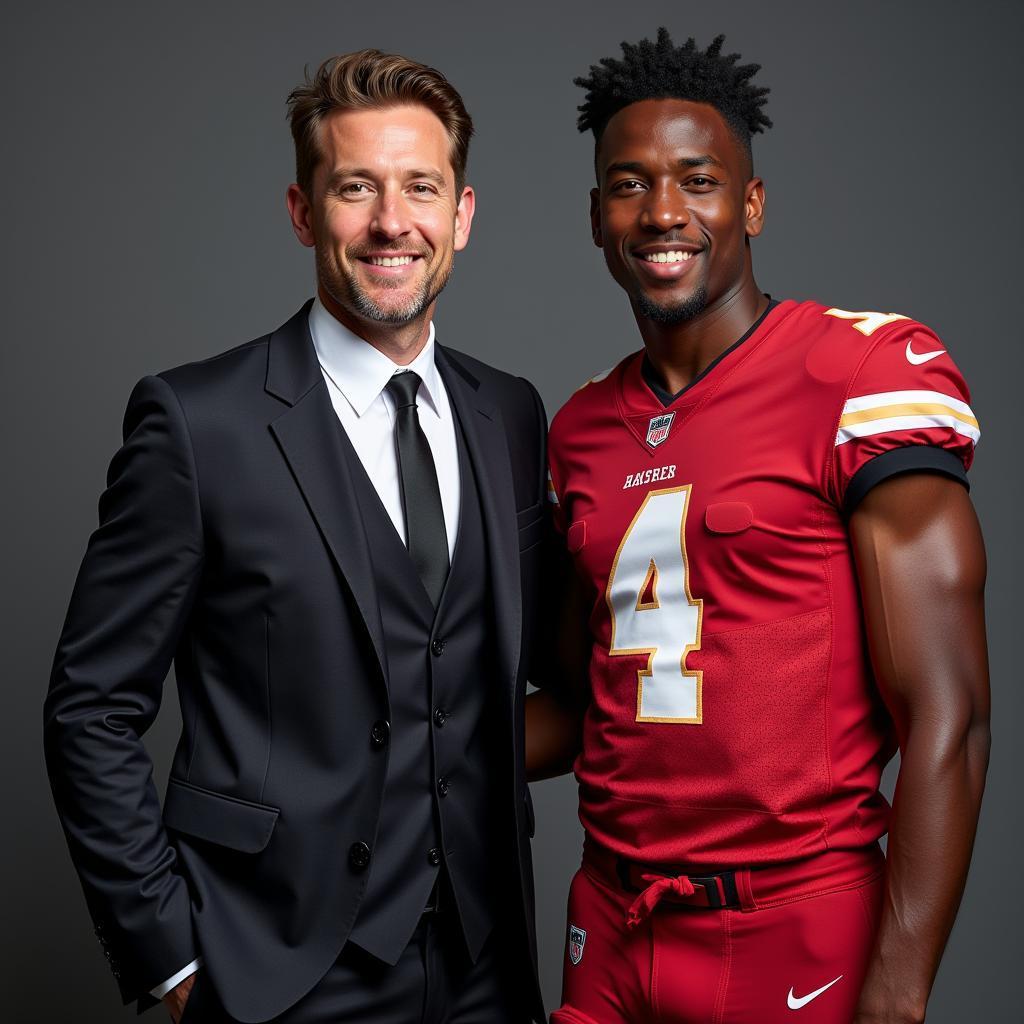 An actor and a football player pose together during a photoshoot