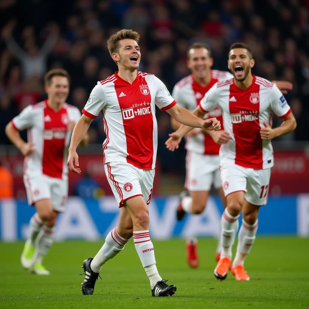 Young Ajax player celebrates a goal with teammates