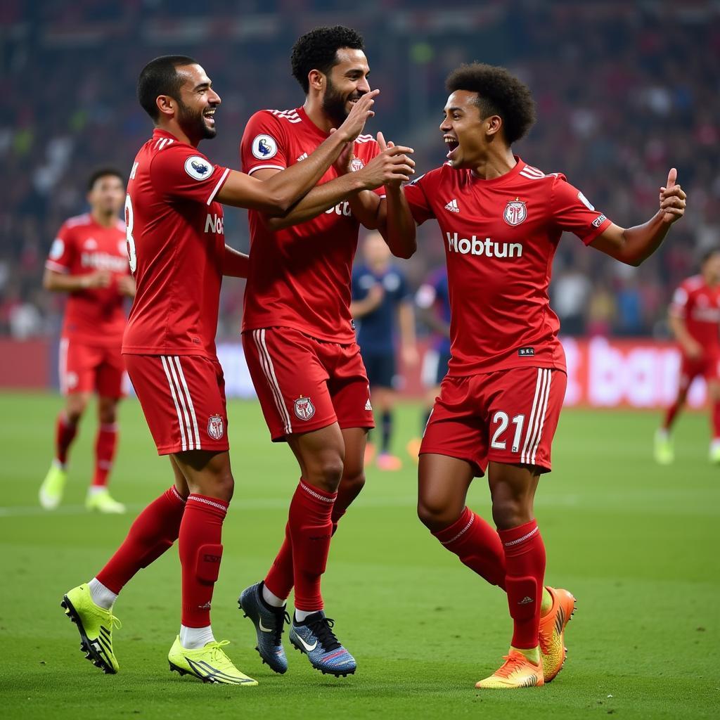 Akram Afif celebrates a crucial goal, the joy evident on his face as he's surrounded by jubilant teammates