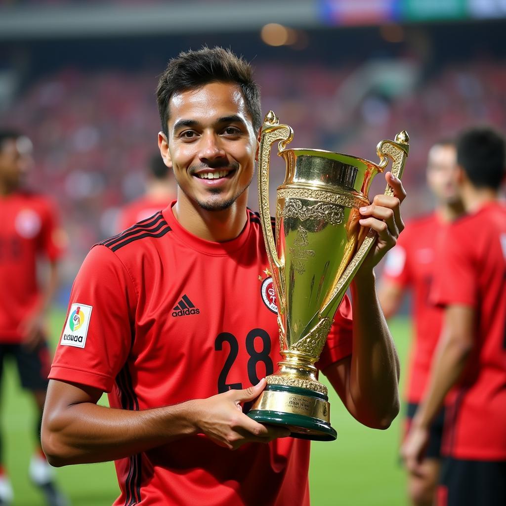 Akram Afif proudly holds the AFC Asian Cup trophy, a testament to his significant contribution to Qatar's historic victory