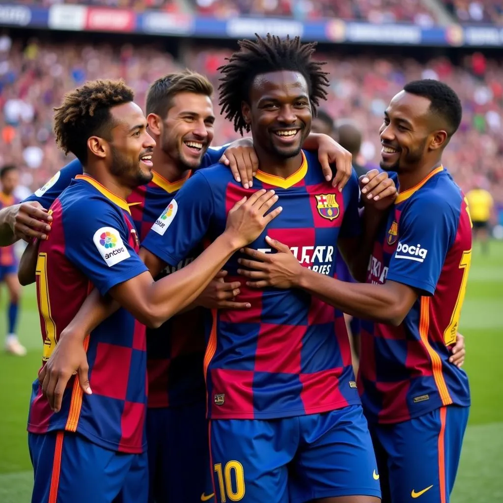 Alex Song celebrating a goal with Barcelona teammates