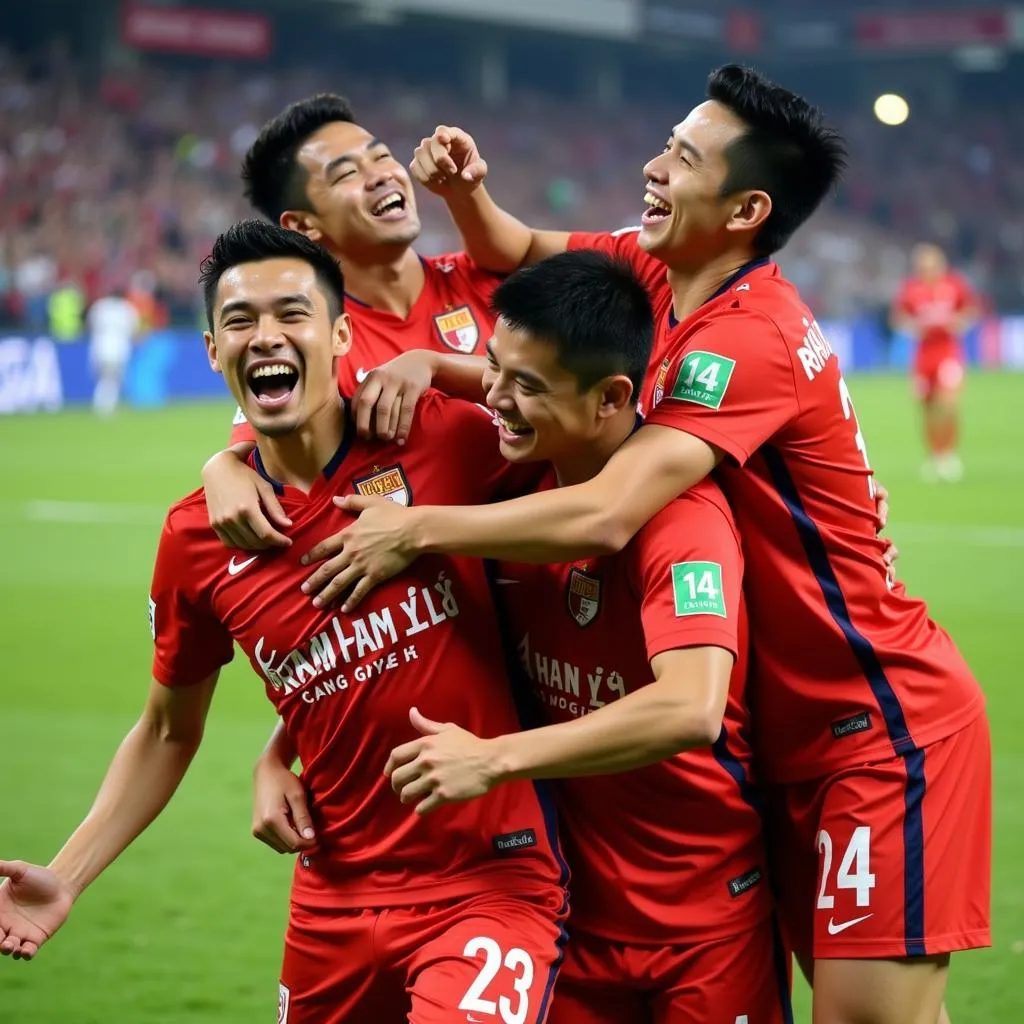 Alexander Dang celebrates a goal with his Ha Noi FC teammates