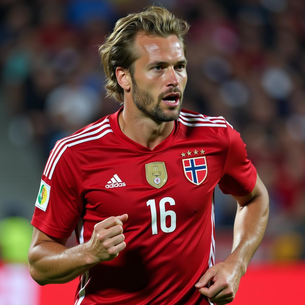 Alf Inge Haaland proudly wearing the Norwegian national team jersey