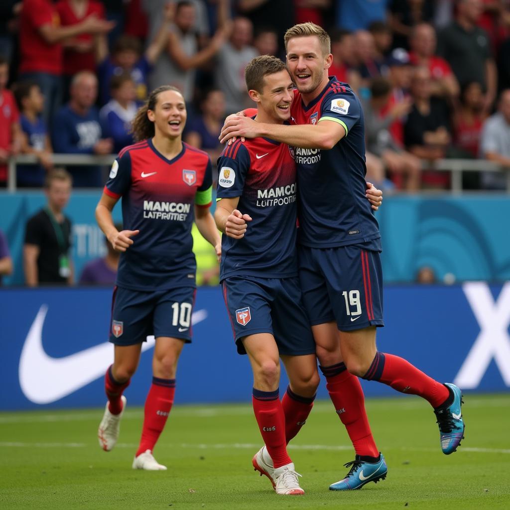 Alfred Haaland celebrating a goal enthusiastically with his teammates