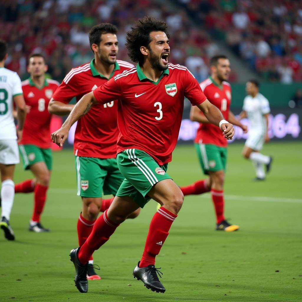 Ali Daei celebrates scoring an international goal for Iran