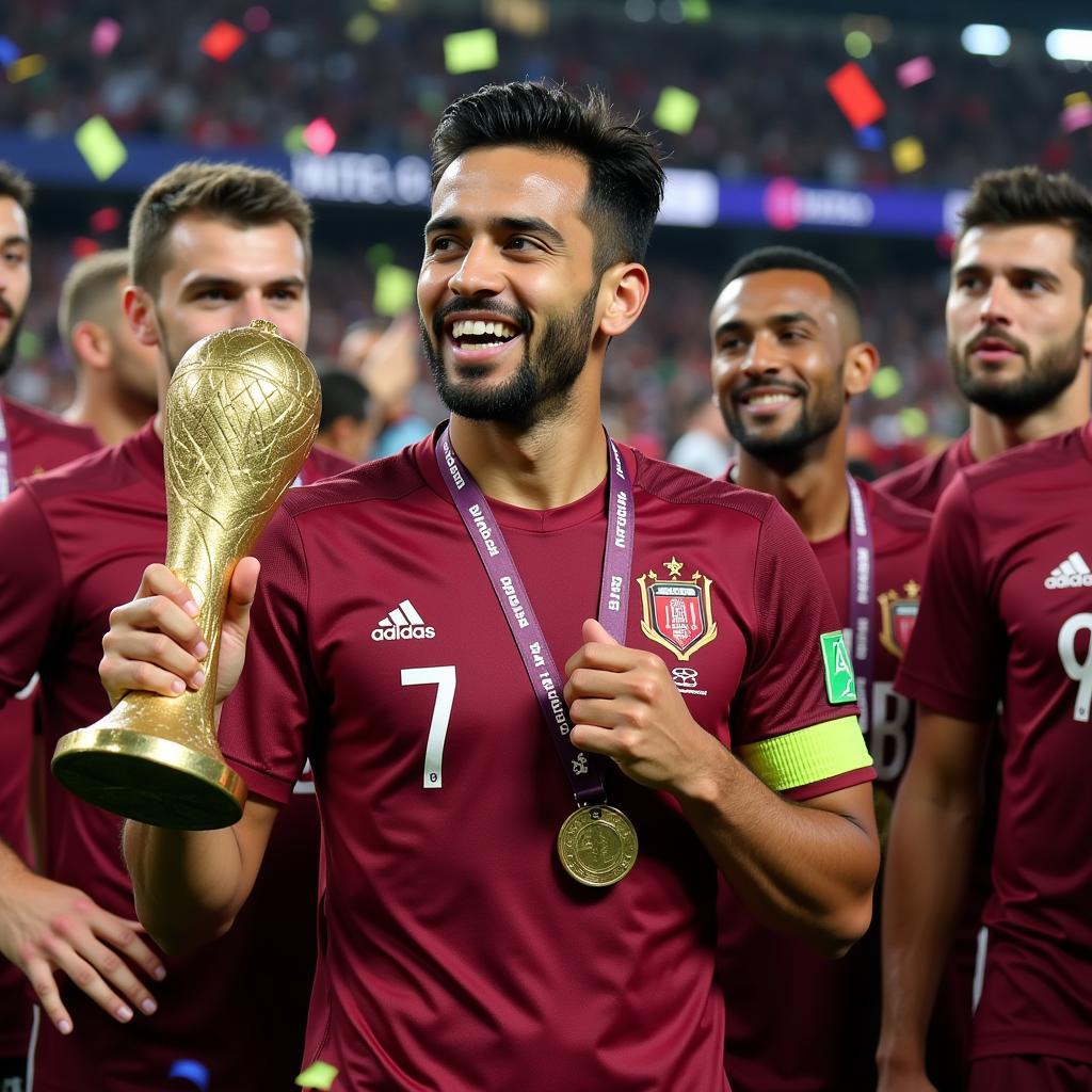 Almoez Ali celebrates winning the AFC Asian Cup Golden Boot