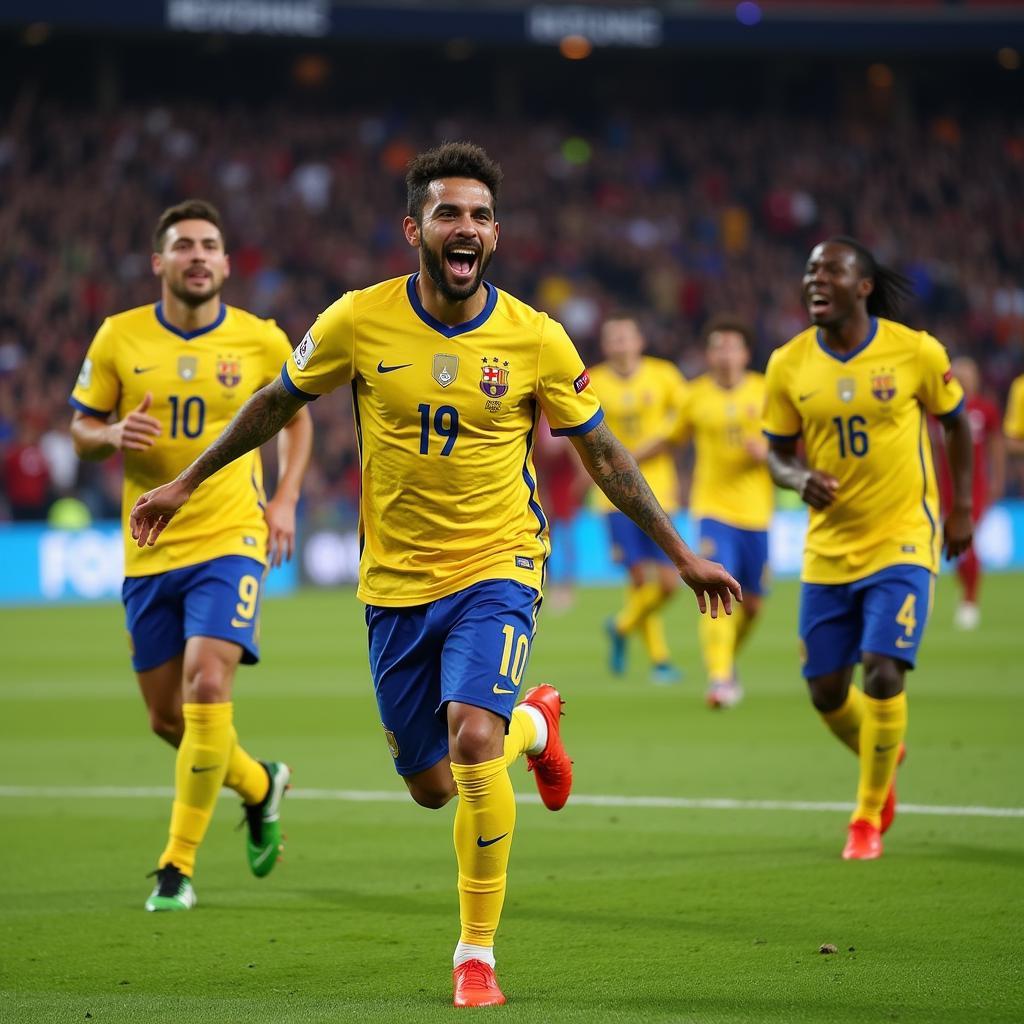 Andre Gomes celebrating a goal with his Barcelona teammates