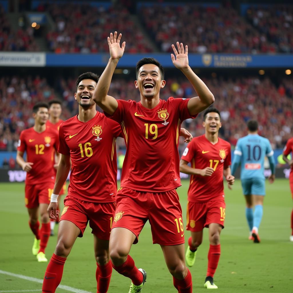 Anh Duc celebrating a goal with teammates