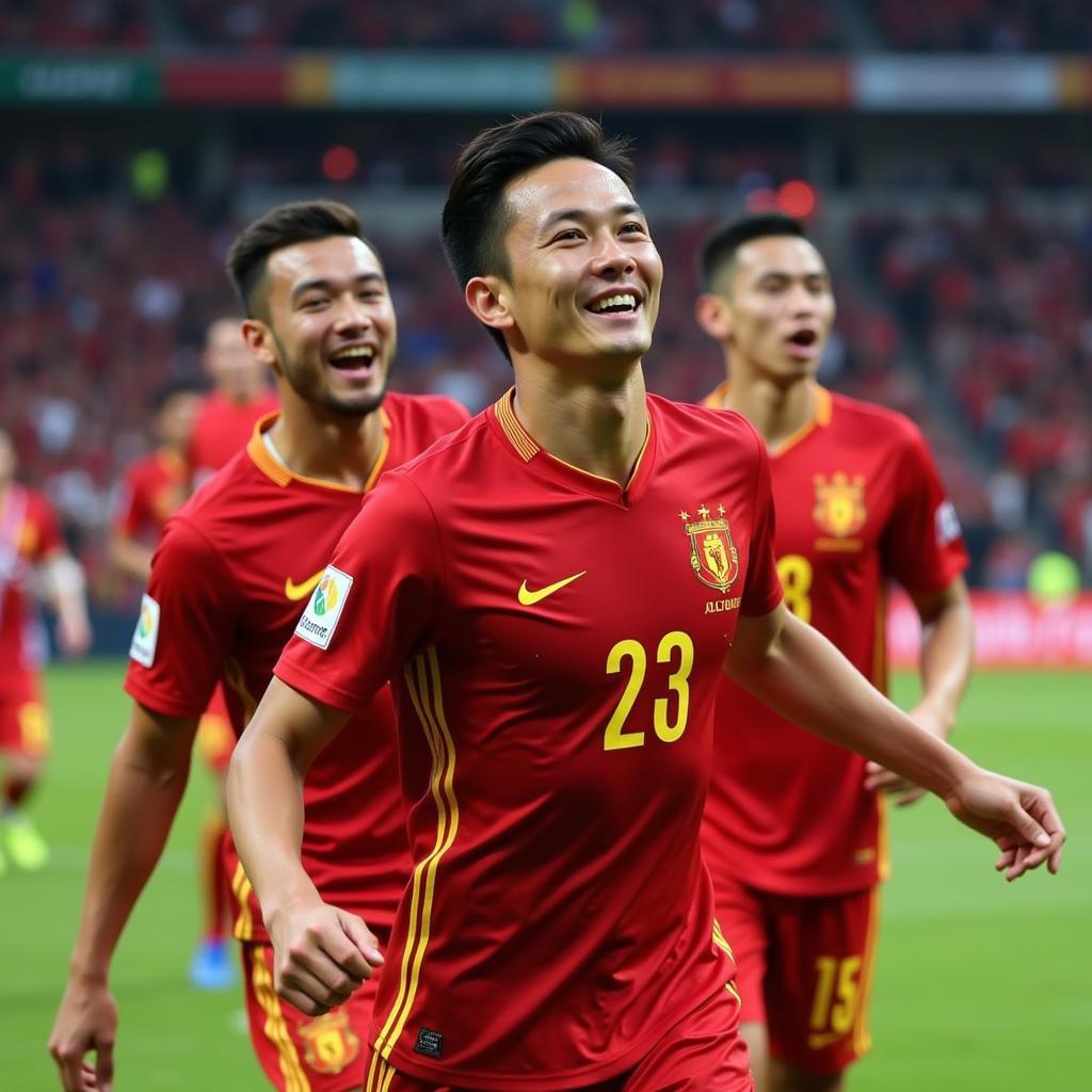 Anh Duc celebrating a goal with his teammates