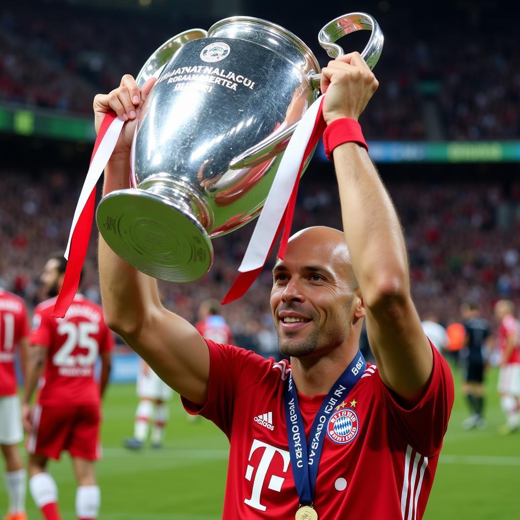 Arjen Robben hoisting the Champions League trophy with Bayern Munich