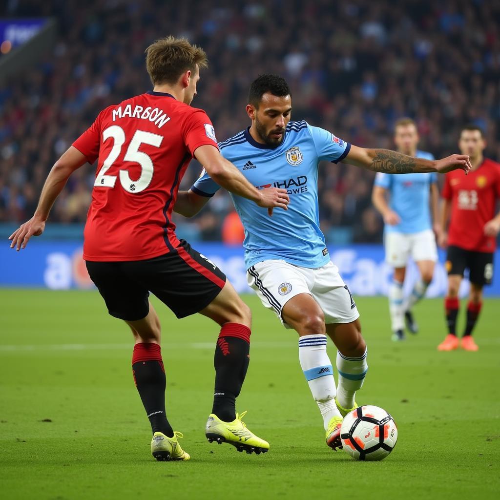 Midfielders battling for possession during an Arsenal vs. Bayern Munich match