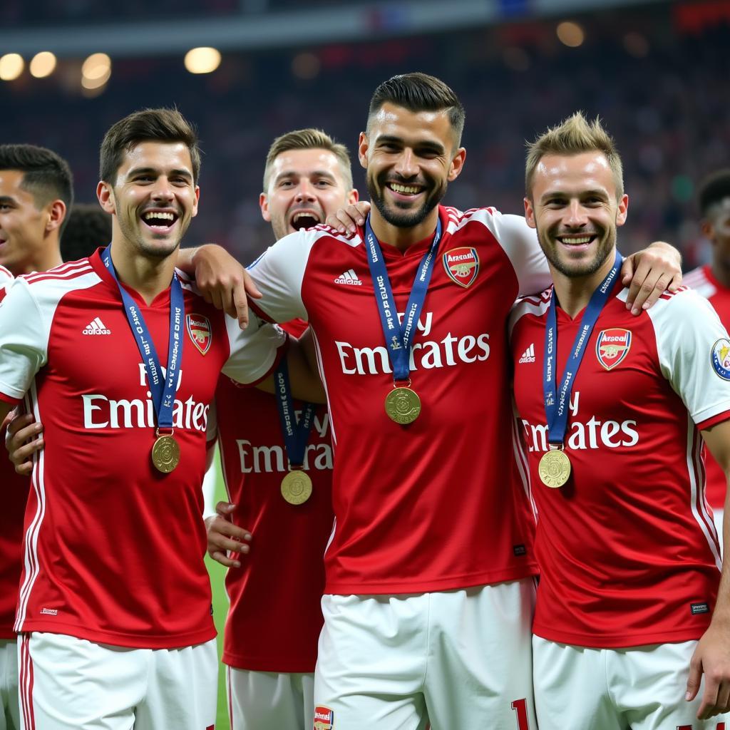 Arsenal players celebrating international trophy