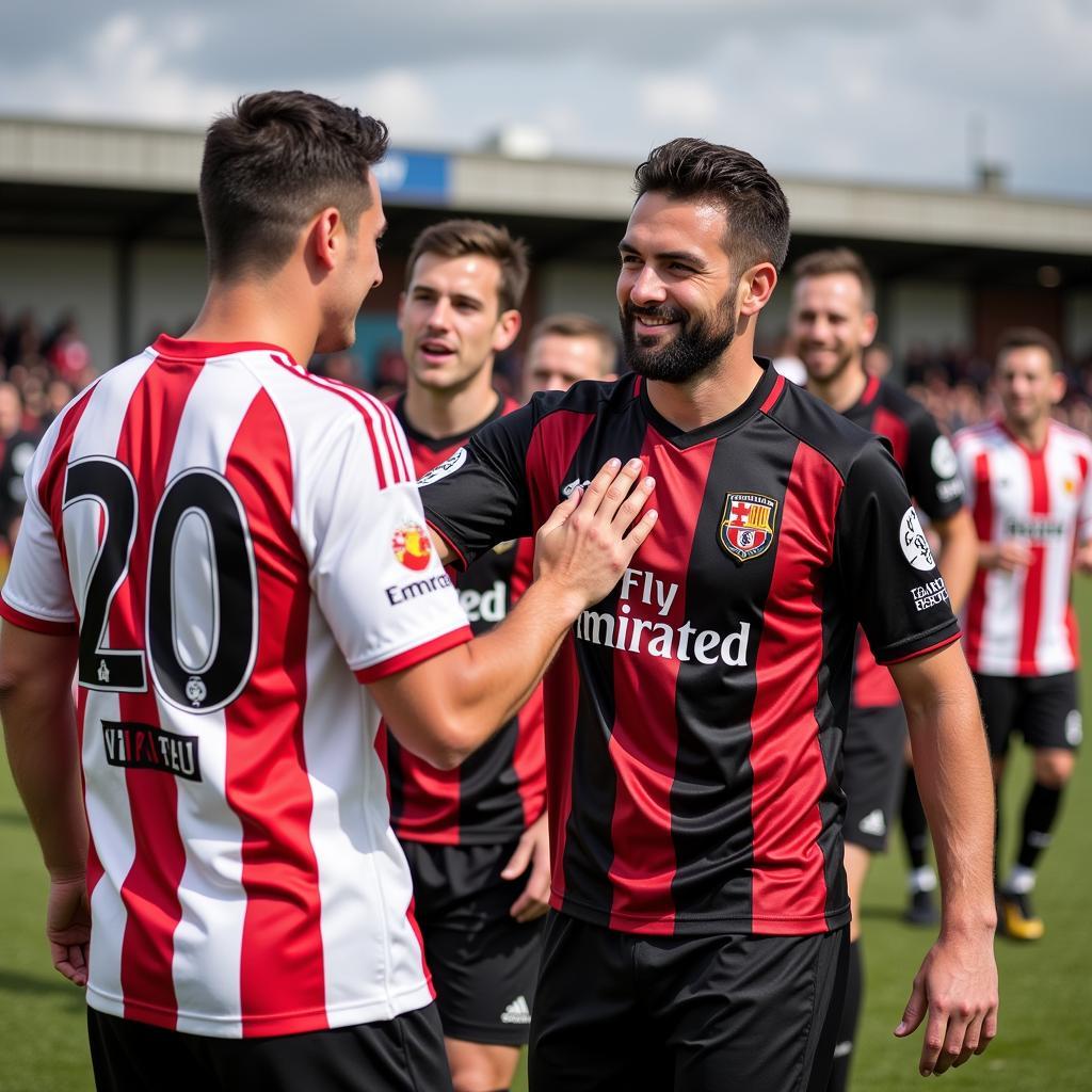 Players from Ashton United and Bamber Bridge shake hands after the match.