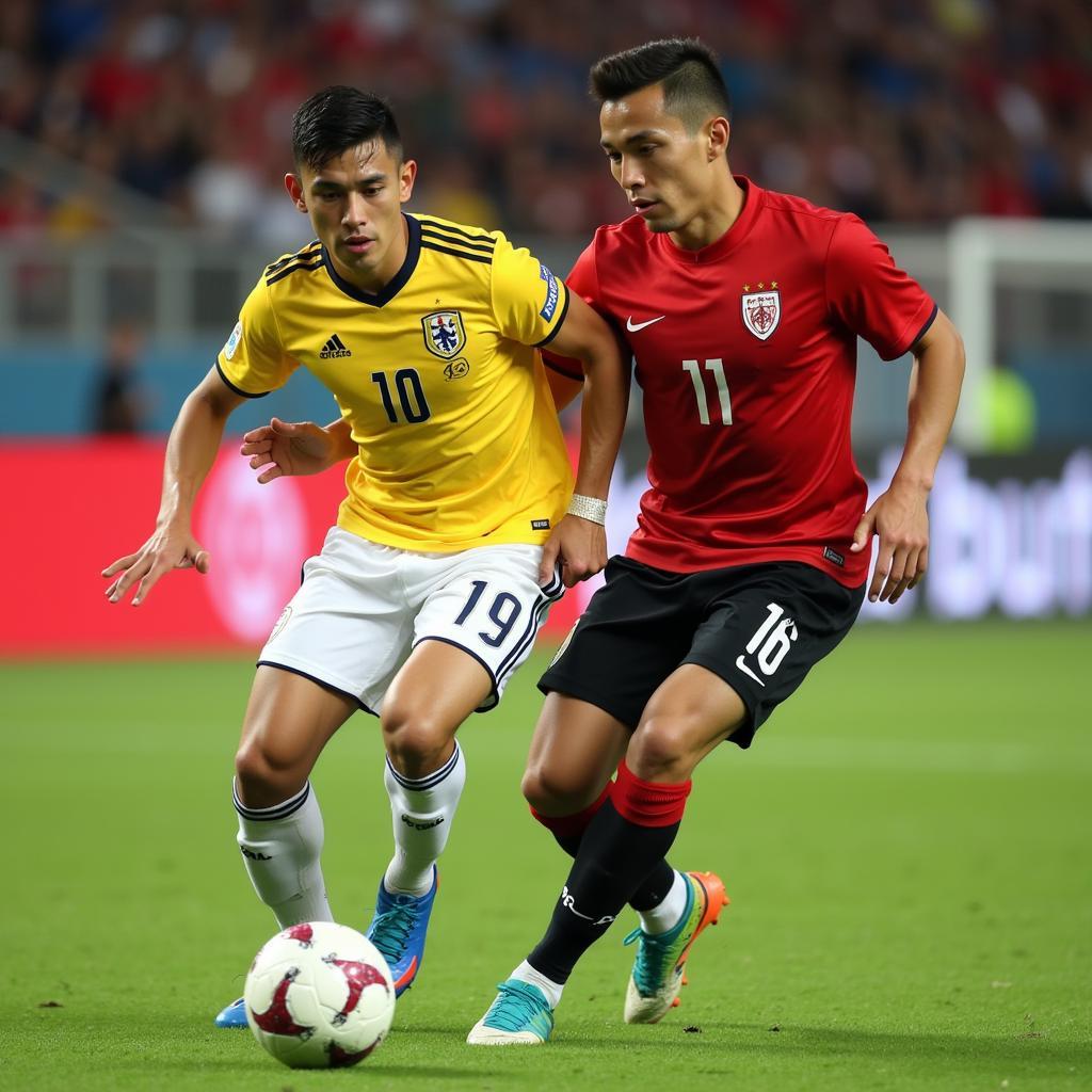 A shortest player in the Asian Cup 2019 dribbling past an opponent