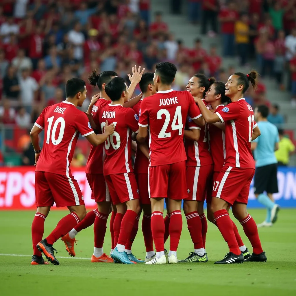 A team of young Asian footballers celebrate a goal with their arms raised in victory.