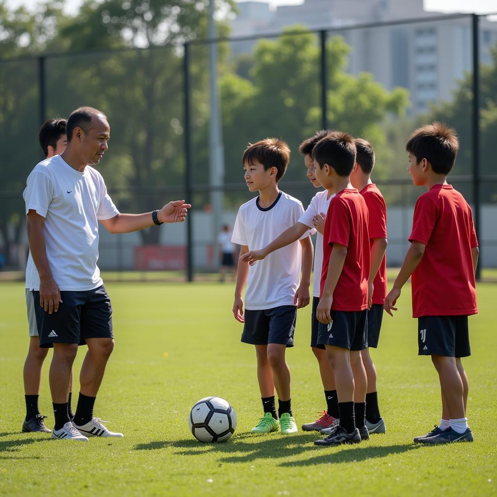 Coach analyzing young football players in Ho Chi Minh City