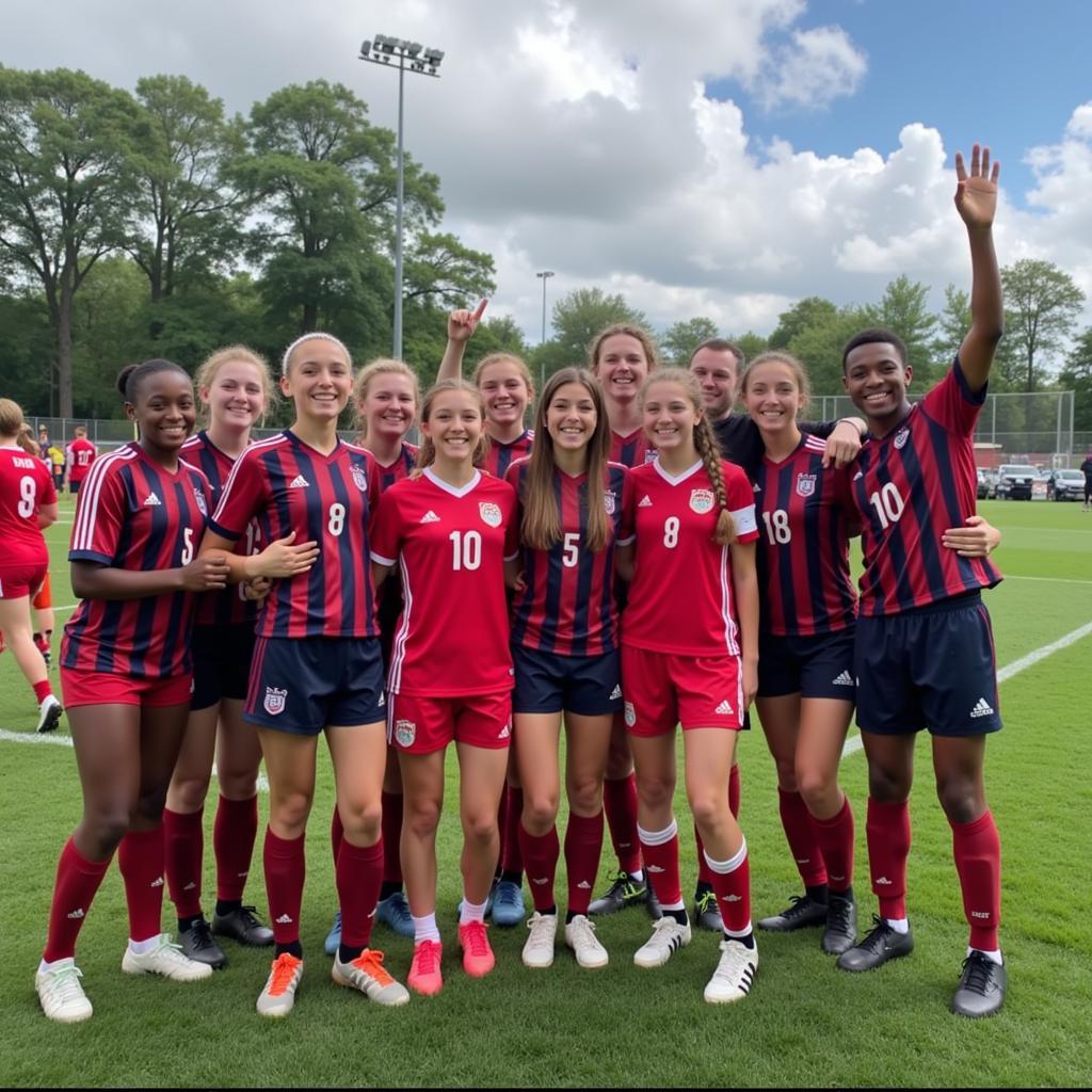 A group of athletes celebrating a goal, highlighting the importance of teamwork and camaraderie.