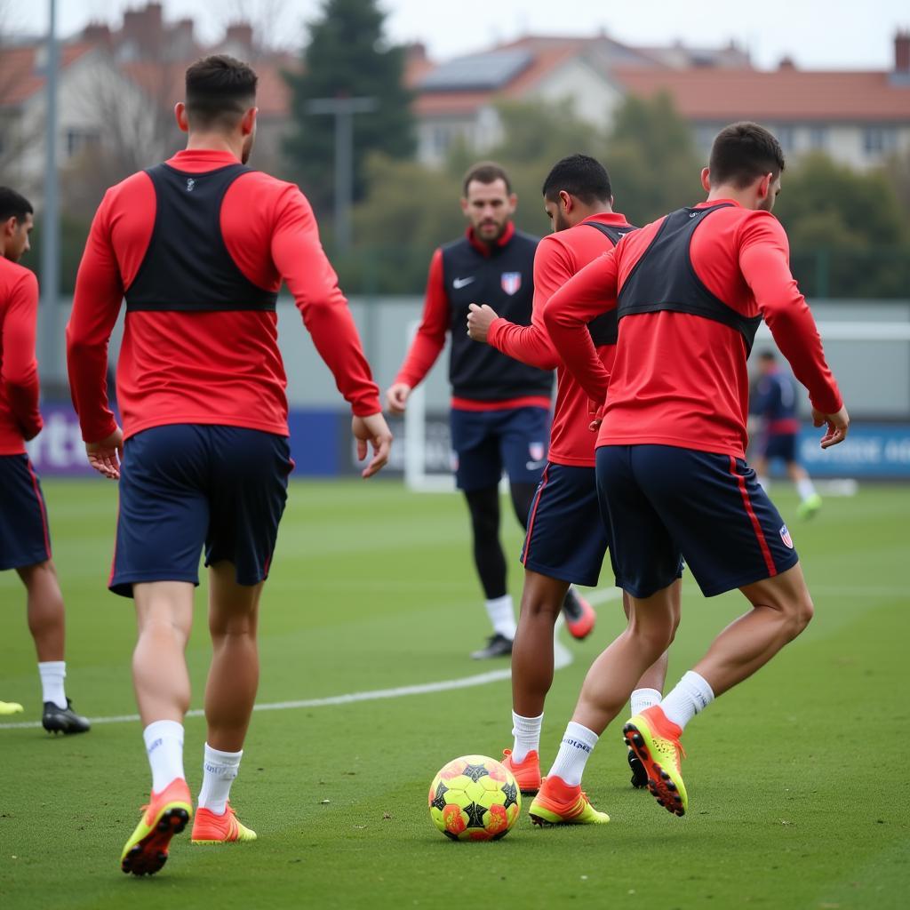 Atlético Madrid players participating in a high-intensity training session