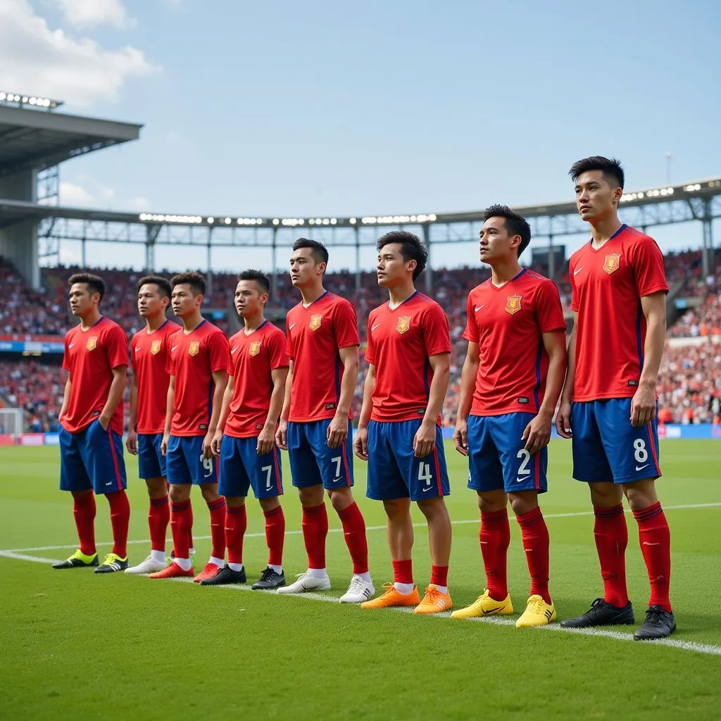 A group of Vietnamese football players lined up