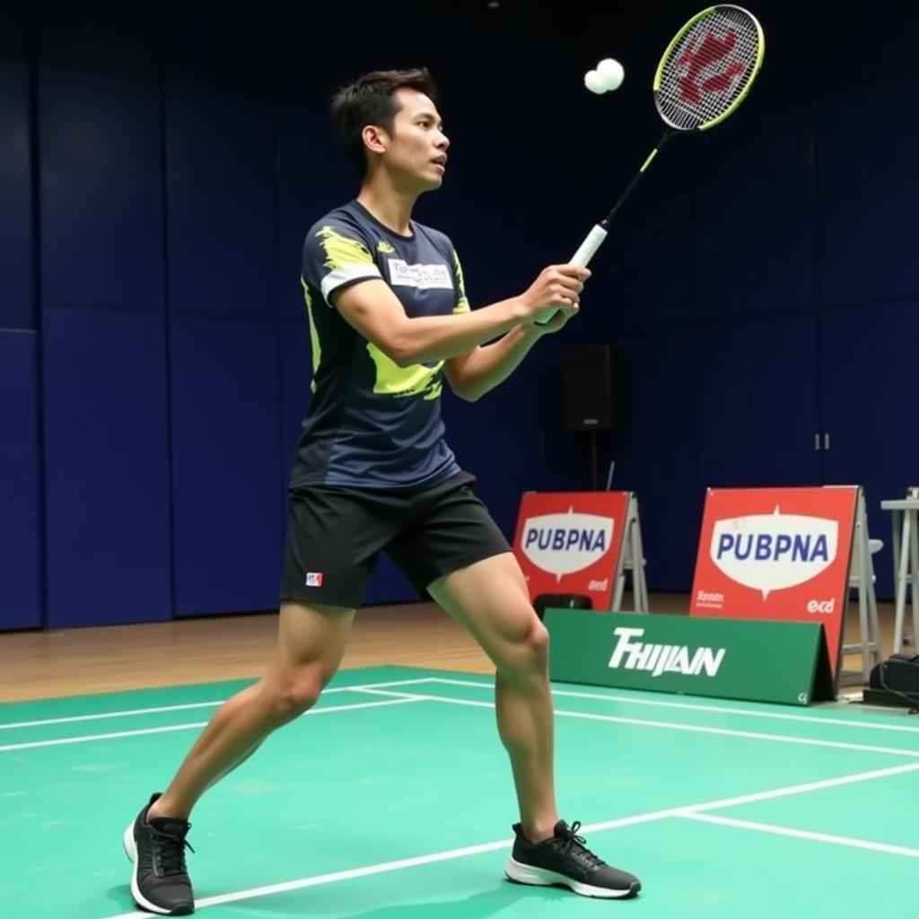 Badminton player defending a smash