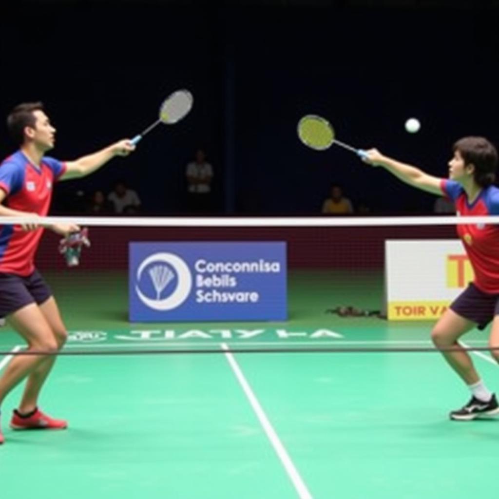 Badminton players exchanging shots