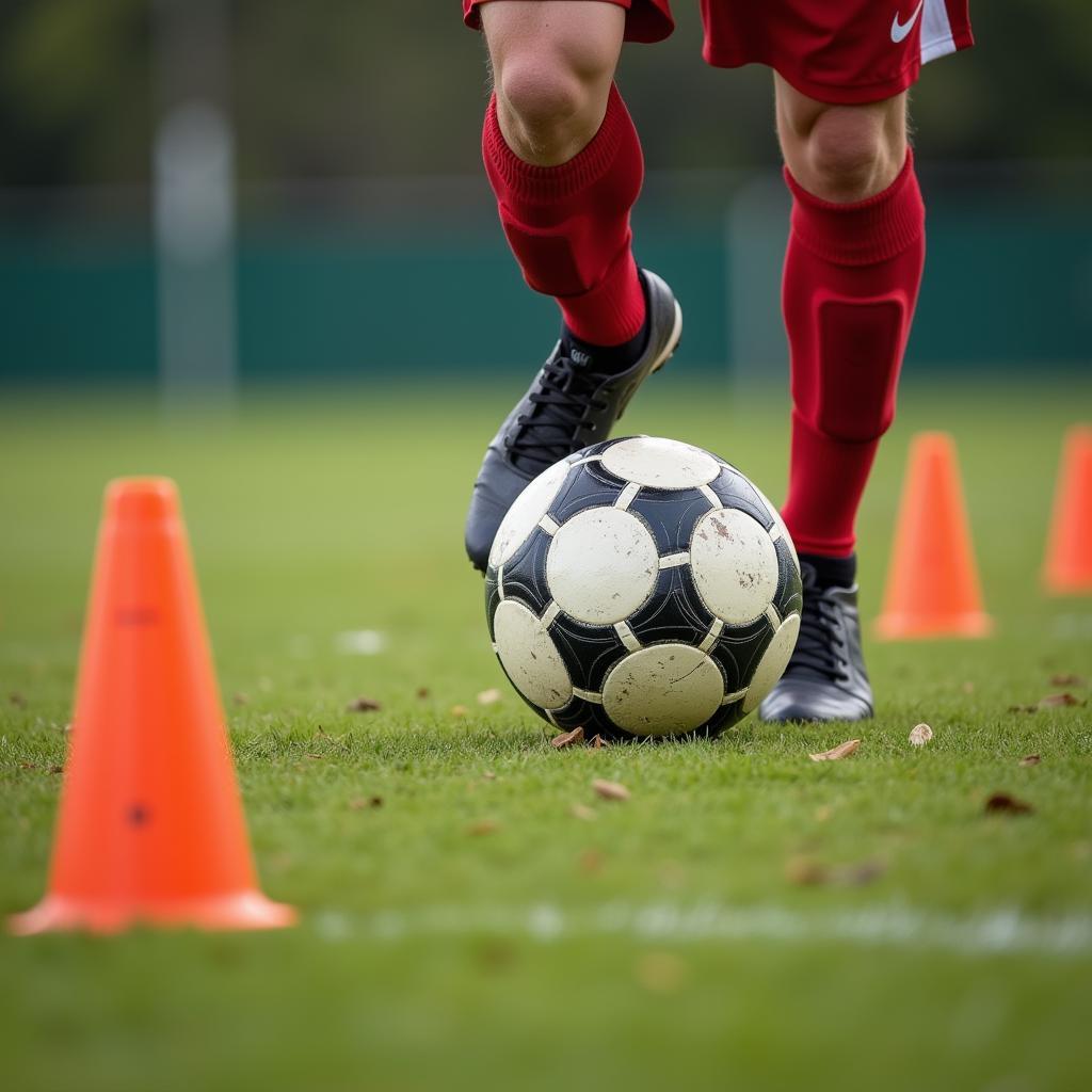 Football player practicing ball control drills