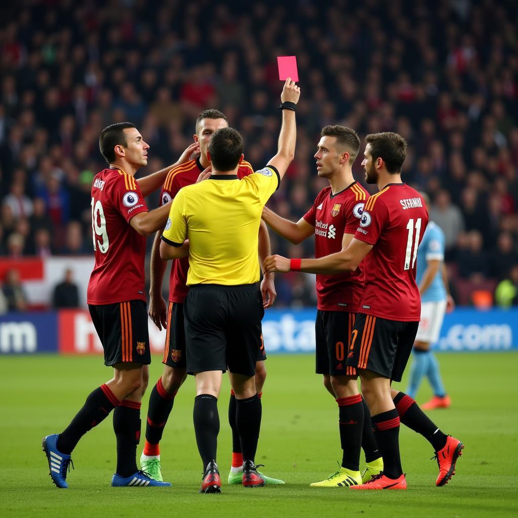 A footballer receiving a red card after a controversial penalty incident.