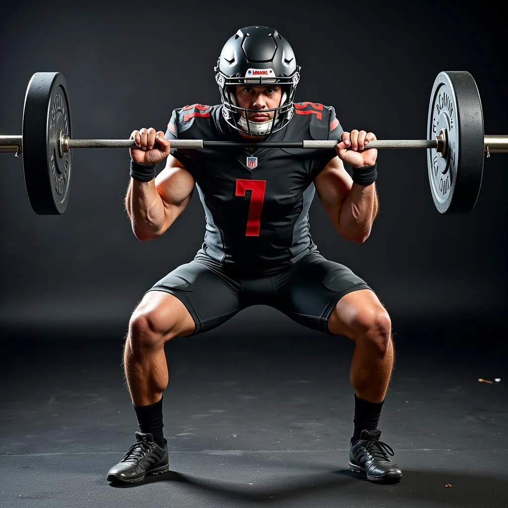 Football player performing barbell back squat