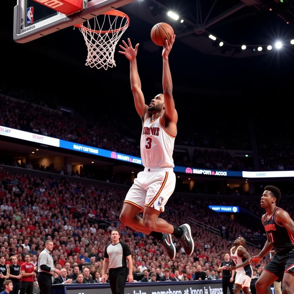 Powerful dunk during a basketball game