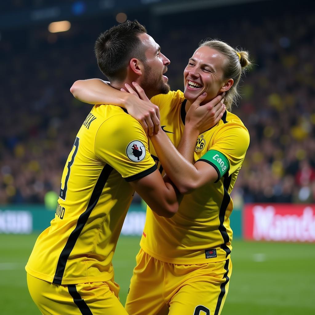 Bellingham and Haaland celebrating a goal for Dortmund