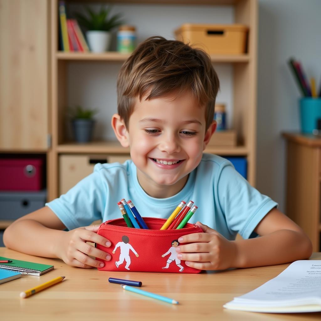 A child happily organising their stationery in a football player pencil case.