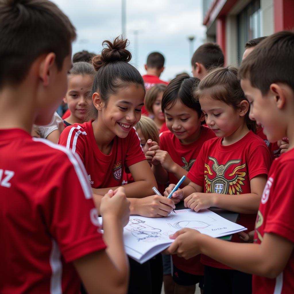 Benfica academy player signing autographs for young fans