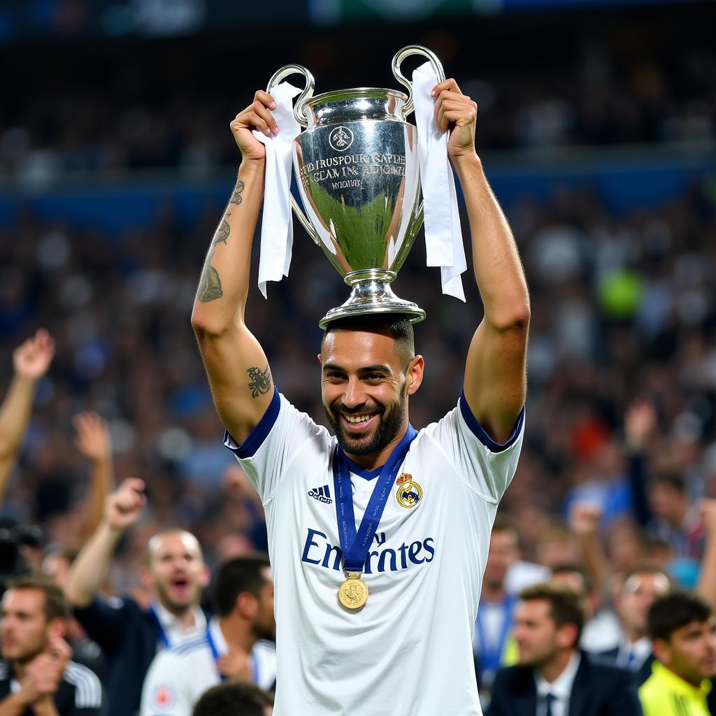 Benzema celebrating with the Champions League trophy