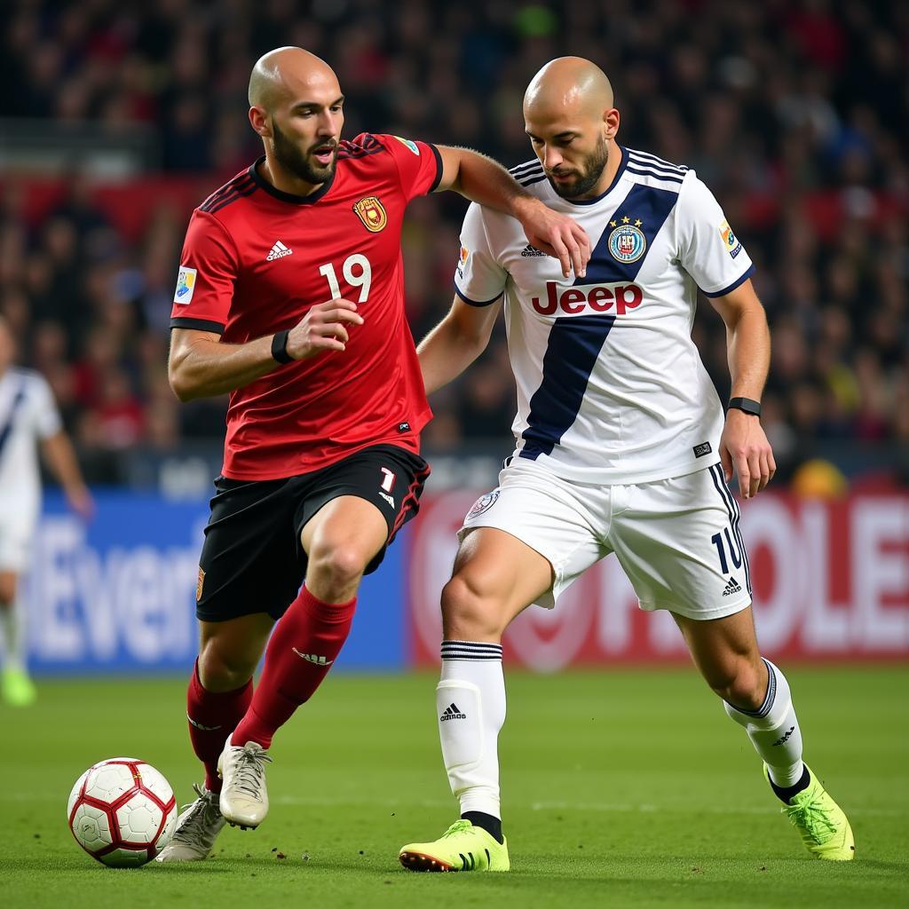 Benzema and Haaland challenge for the ball