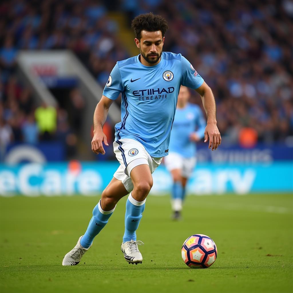 Bernardo Silva dribbling past opponents in a Manchester City game.