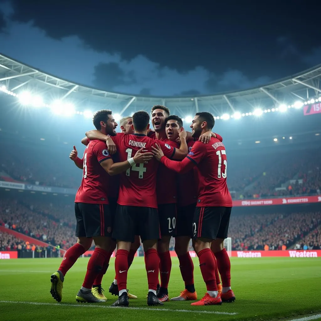 Footballers celebrating a goal with fans in the background.