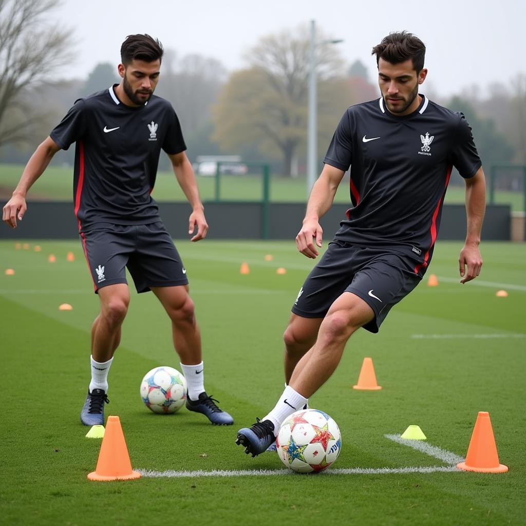 Footballer practicing drills with both feet