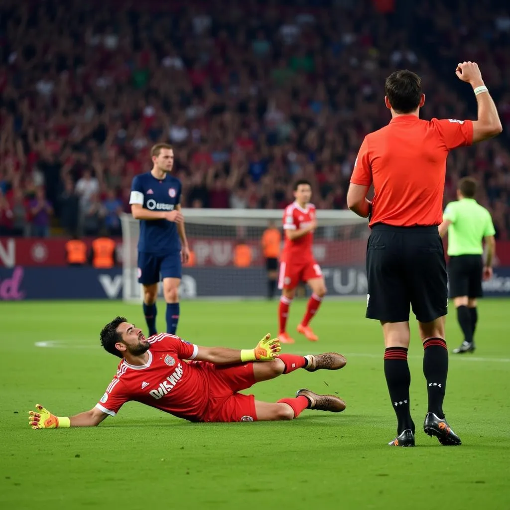 Sevilla's goalkeeper Bono celebrates after saving Haaland's penalty, as the referee prepares for a VAR review.