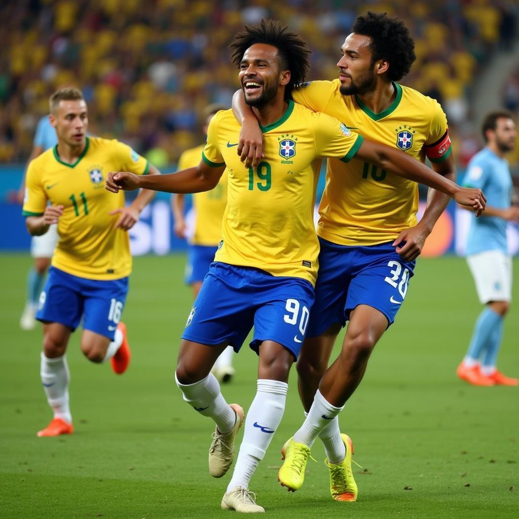 Brazil players celebrating a goal