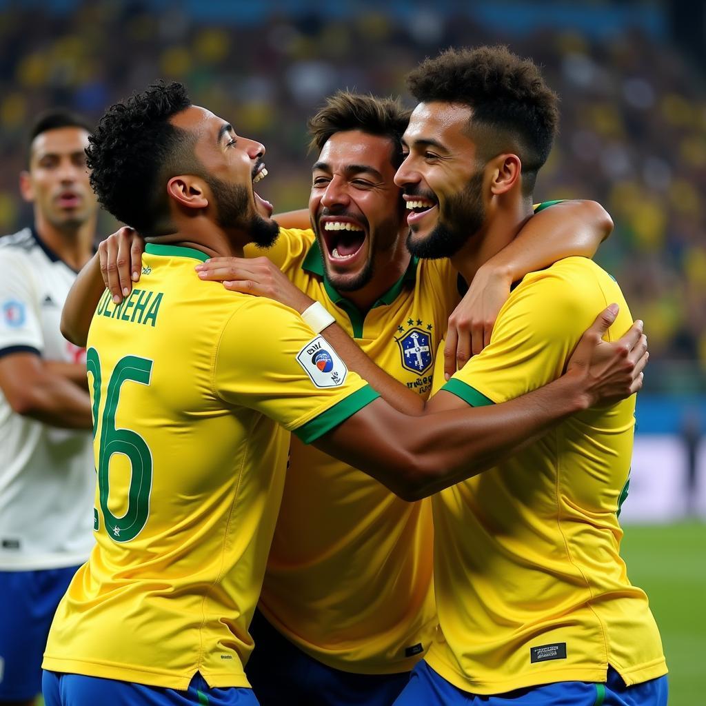 Brazilian Football Celebrations:  A group of contemporary Brazilian footballers celebrate a goal with exuberance, highlighting the team spirit and camaraderie.