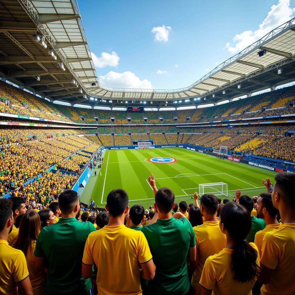 Passionate Brazilian fans cheering in the stands during a local match