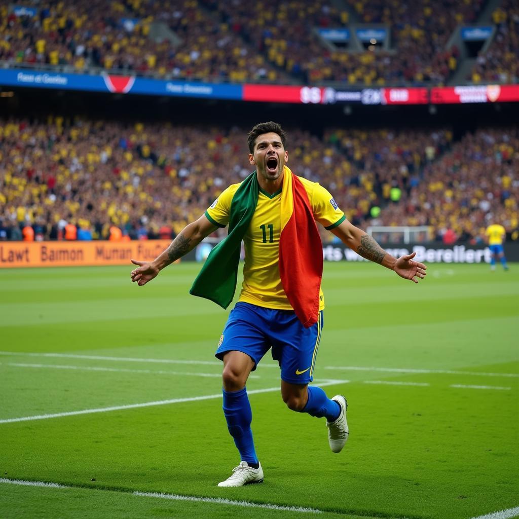 Brazilian Footballer Celebrating Goal in Packed Stadium