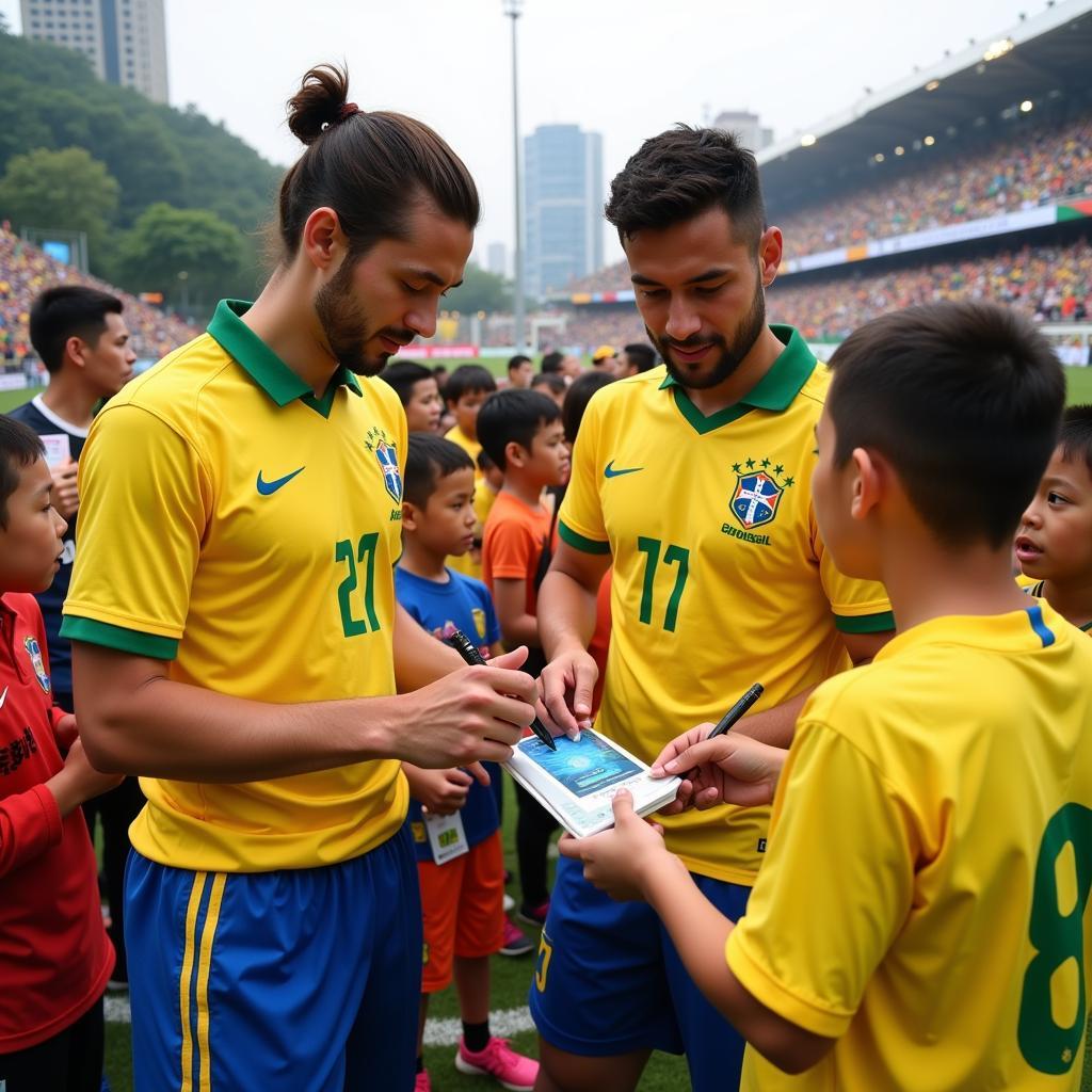 Brazilian Footballers Interacting with Chinese Fans