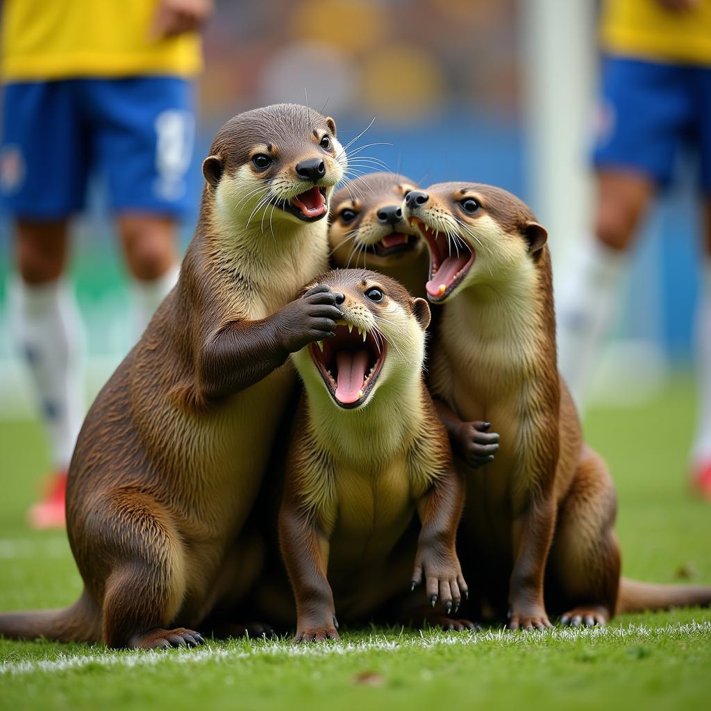 Brazilian otter celebrating a goal with teammates