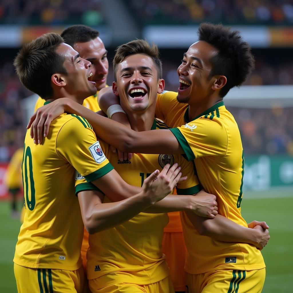 A young footballer celebrating a winning goal with his teammates.