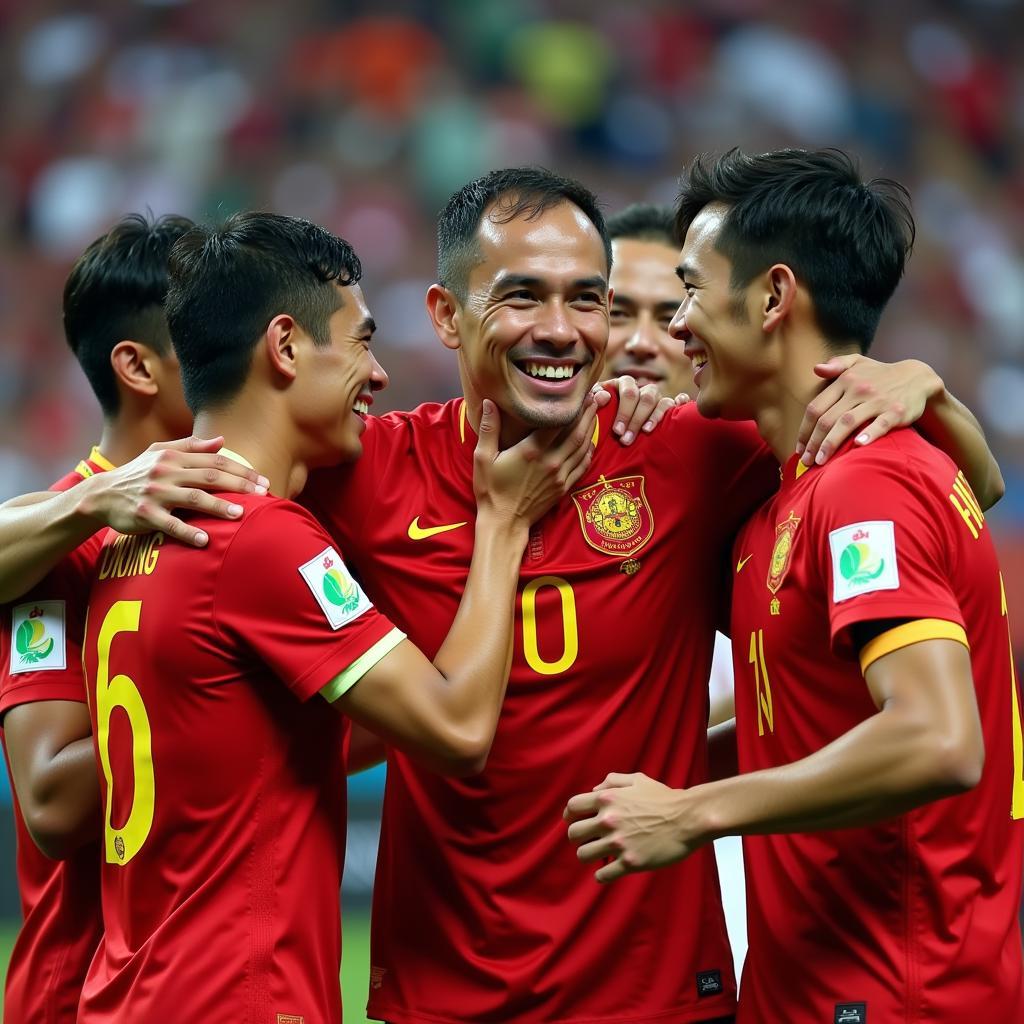 Bui Tien Dung celebrates with Vietnamese teammates