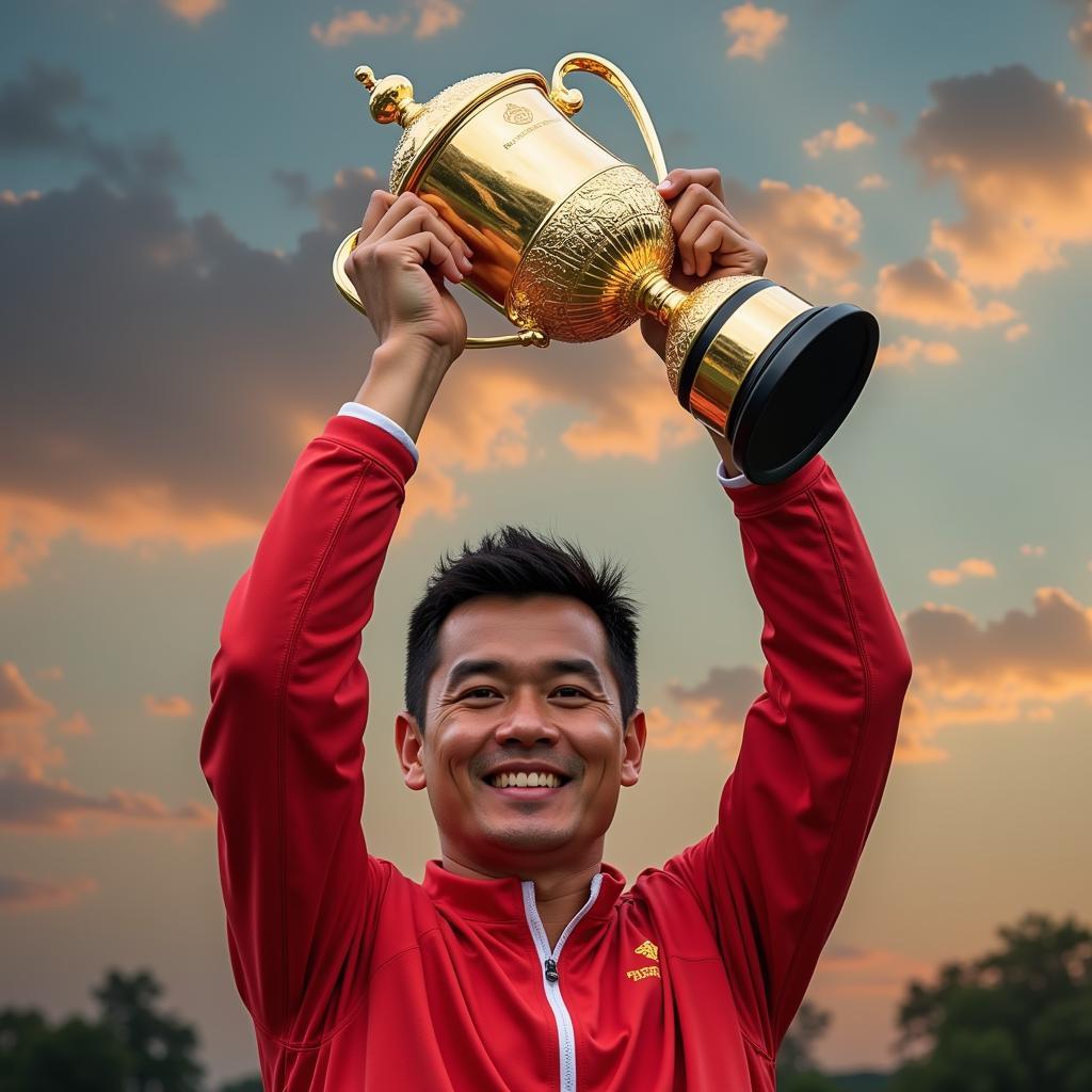 Bùi Tiến Dũng proudly lifts a championship trophy.