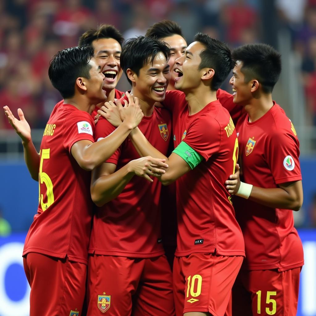 Bùi Tiến Dũng celebrates a victory with his teammates during the 2018 AFC U23 Championship